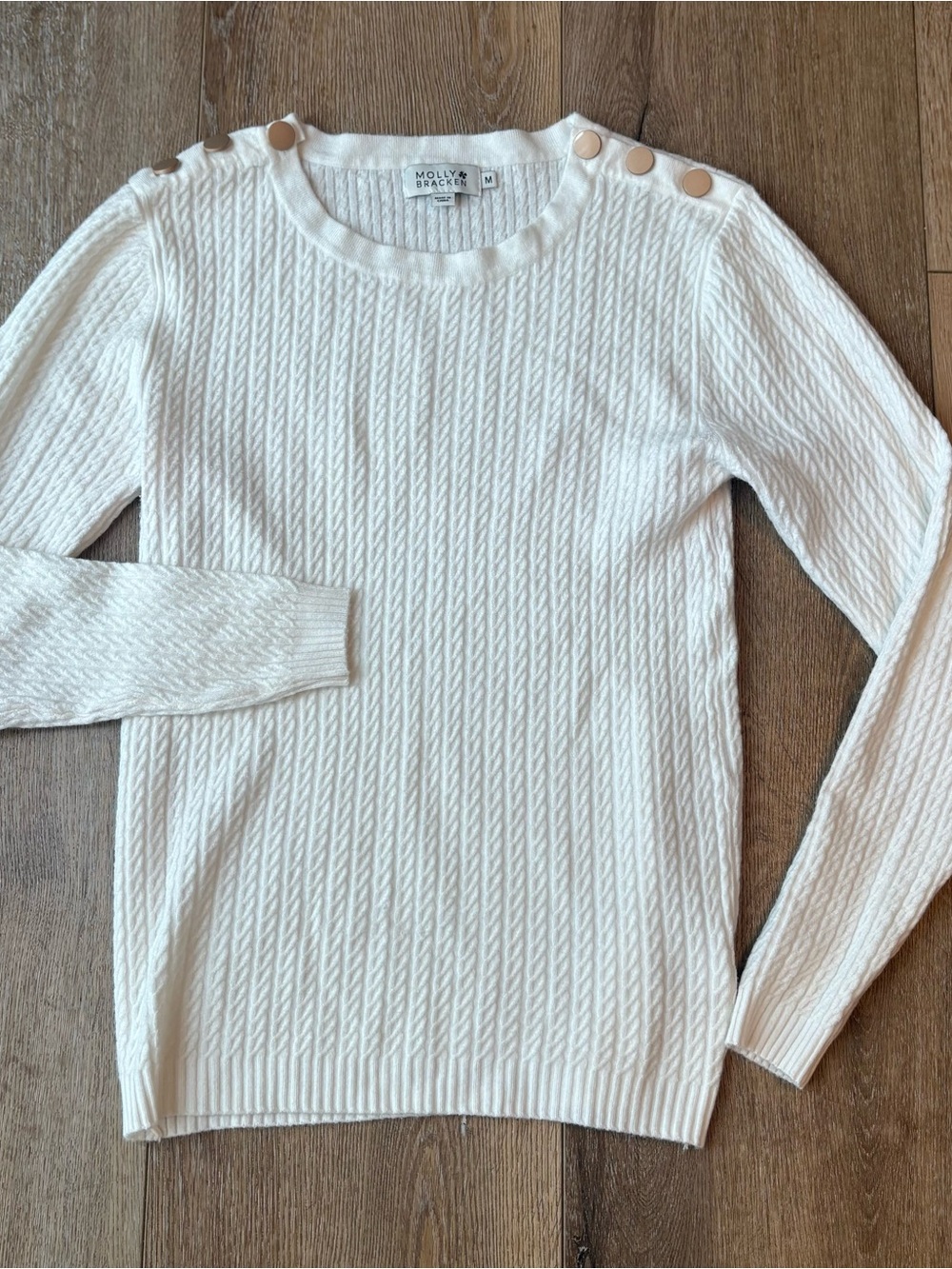 Molly Bracken M Cream Cable-Knit Crewneck Sweater with Shoulder Buttons